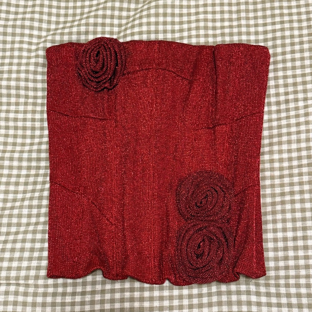 Red Strapless Rosette Knit Top - Women